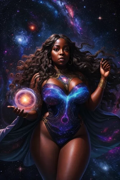 An image of a voluptuous dark-skinned woman with thick thighs, harnessing the power of the cosmos to manipulate the fabric of reality itself, amidst the swirl of a cosmic nebula. Its curves are bathed in the cosmic energies of the universe, and her express...