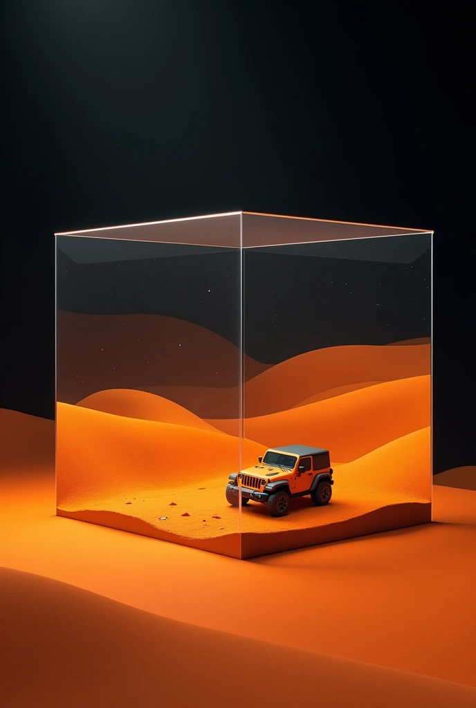 An orange desert with small hills in a glass cube which stands in a black hall, A small jeep drives around in the cube