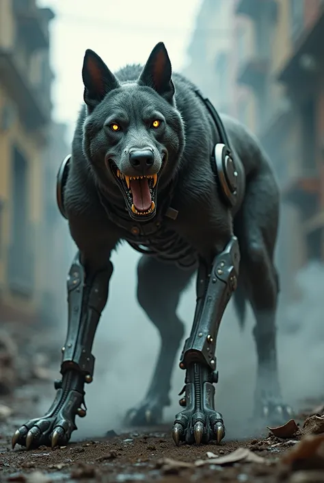 A  brutle dog with robotic hands