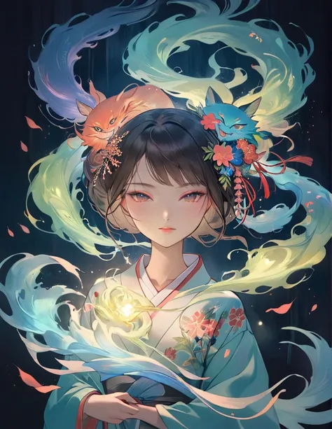 One Woman, Japanese Yokai, Draw a beautiful monster portrait, Beautiful art, colorful, Light in the Dark, A ray of light