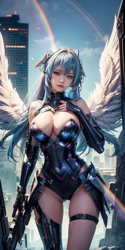 masterpiece, best quality, Valkyrie, girl1, huge breasts, (Big angel wings:1.2), Wearing armor on chest, (rainbow hair:1.2), Ultra Detail, cyberpunk theme