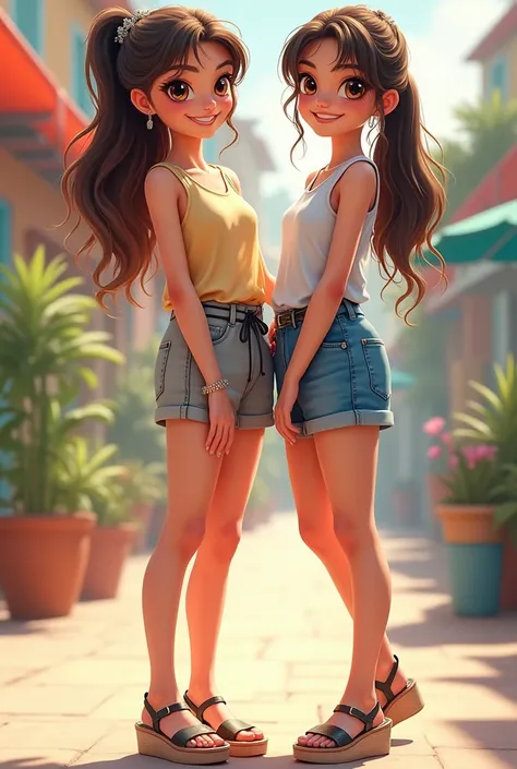 Two girls in their 20s standing. Wearing sleeveless short tunics, a waistband, wedge sport sandals, detailed eyes and faces, detailed feet