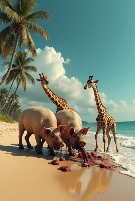 pigs eat giraffes on a beach