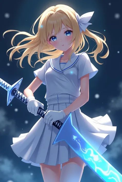 Night，Blonde anime girl，White short-sleeved school uniform，White pleated skirt，White gloves，white pantyhose，Holding a huge magic katana