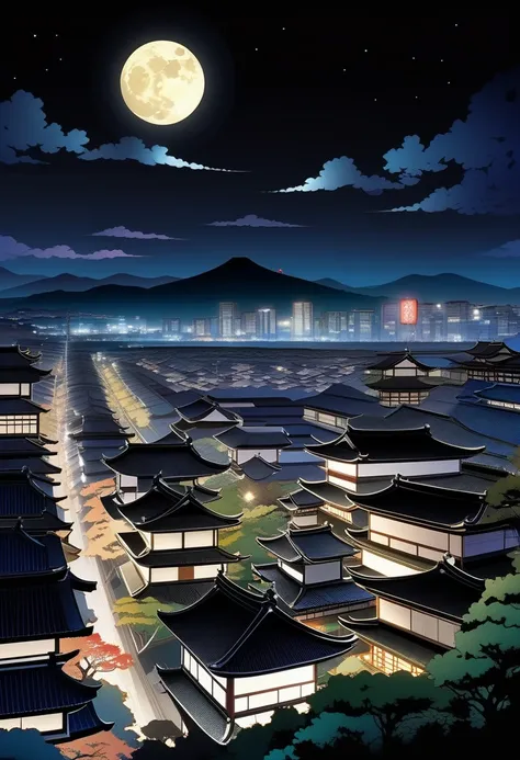 Night cityscape of Amaterasu Omikami, crescent, A solemn night, Beautiful memories in the strobe light, intricate detailes, Best Quality,