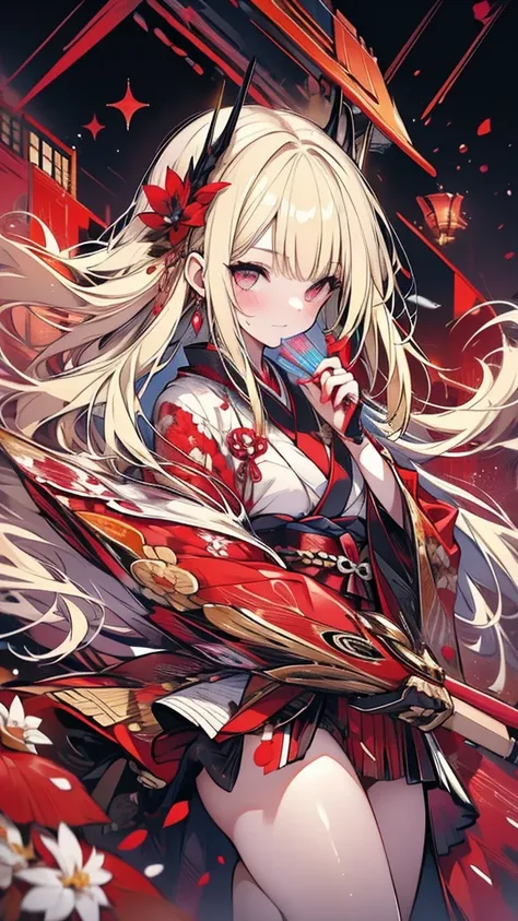 Girl, blonde, crimson glittering kimono, shining beautifully in the darkness, thick fog, dancing with a fan in hand, strong wind, whole body