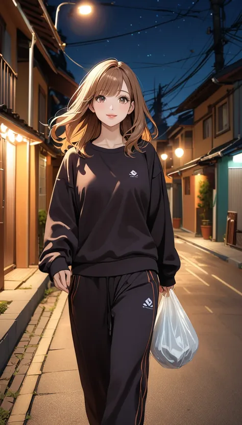 1woman, solo, brown long hair, black eyes, detailed eyes, eyelashes, light lips, 25years old, (walking slowly), (sweatshirt) (sweatpants), mature female, /(dark beige hair/) bangs, (light smile:0.8), holding small plastic bag BREAK (quiet residential stree...