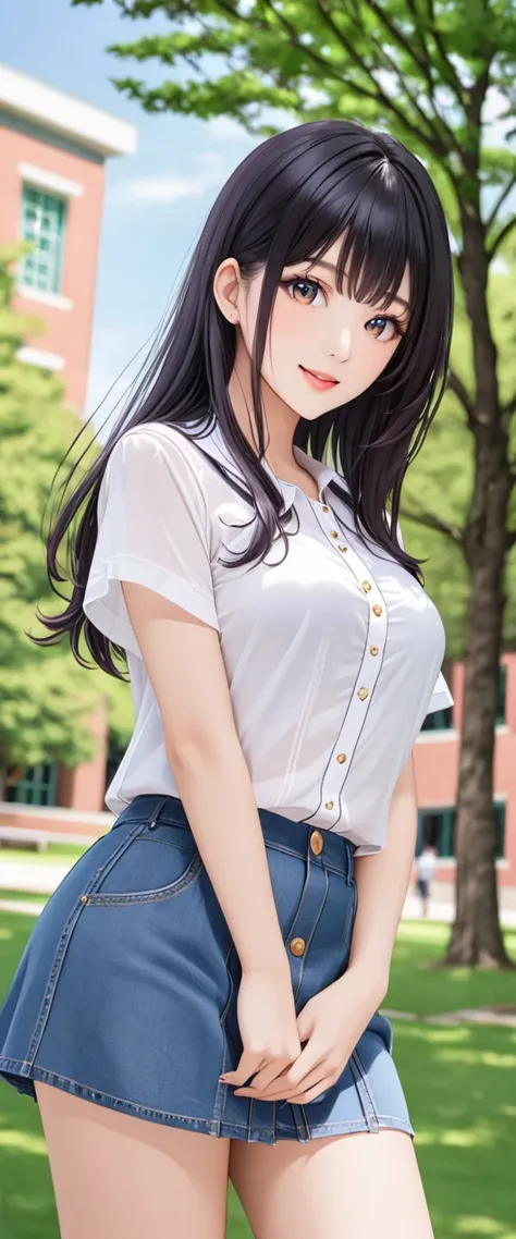 1 female、one person、beautiful black hair、long hair down to the shoulders、kind eyes、(smile)、(blouse with short sleeves)、(denim sk...