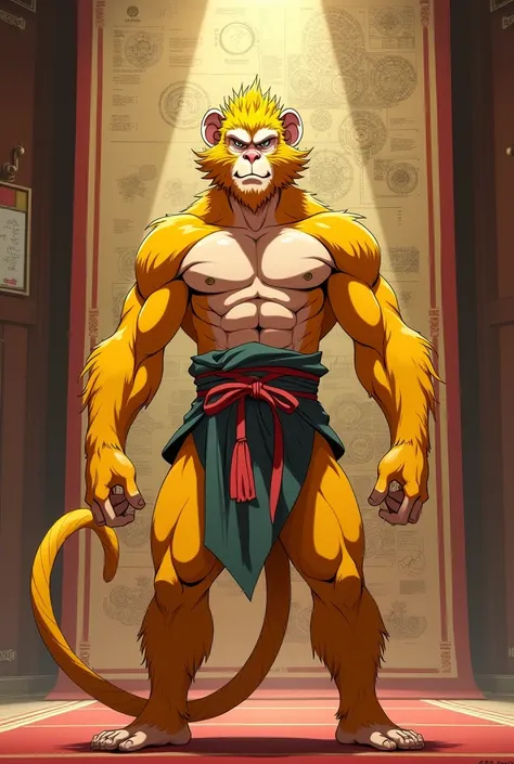 high resolution, masterpiece, UHD, make a picture of Sun Wukong, monkey with humanoid body with golden yellow fur not wearing shoes, standing upright, bergaya anime studio MAP 