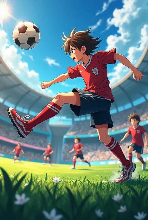 A picture of an anime character scoring a goal
