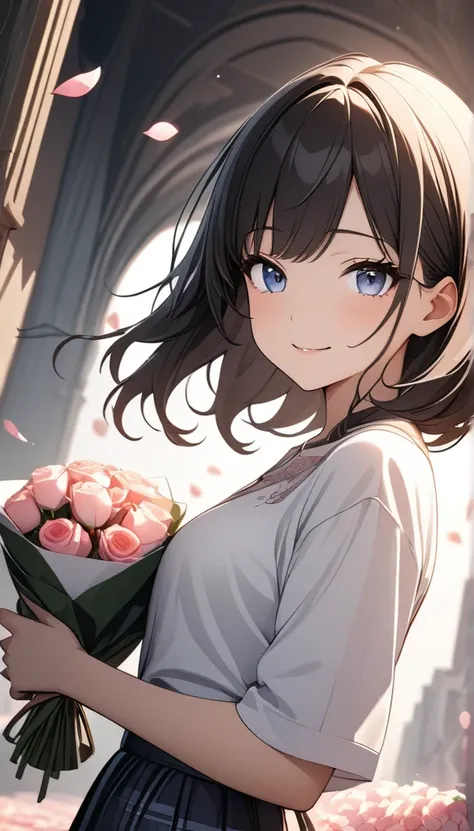 Middle view, Medium shot, Shallow depth of field, Broken into pieces, Upper Body, angle, masterpiece, best quality, Super detailed, CG, 8k wallpaper, Pretty Face, Exquisite eyes, A girl, Solitary, Smile, Bangs, shirt, skirt, petal, bouquet