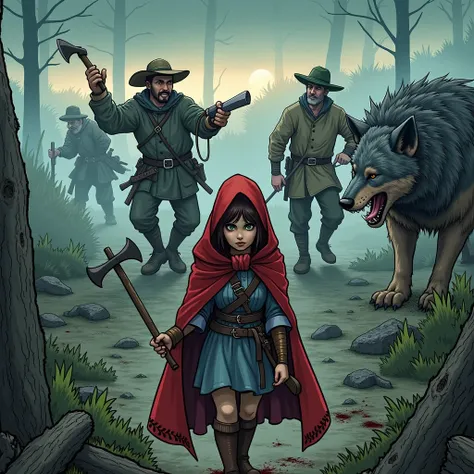 Create the scene from chapter 7 The scene takes place in the hunters&#39; camp, where Little Red Riding Hood returns with determination, armed with an axe and a stick. In the background, The wolf is fighting desperately against the remaining hunters, cover...