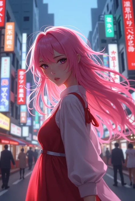 Tokyo, Kabukicho, long hair fluttering in the wind, pink hair, high definition, dress