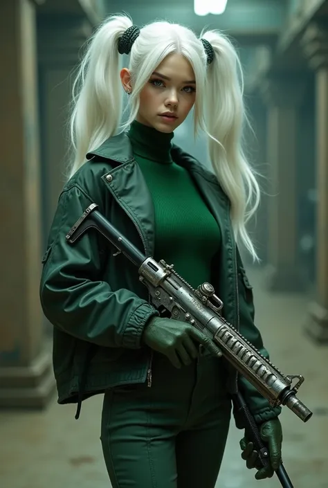 Beautiful woman with two white pigtails, oversized jacket, green top without belly, slim fit work pants, weapon made of scrap metal