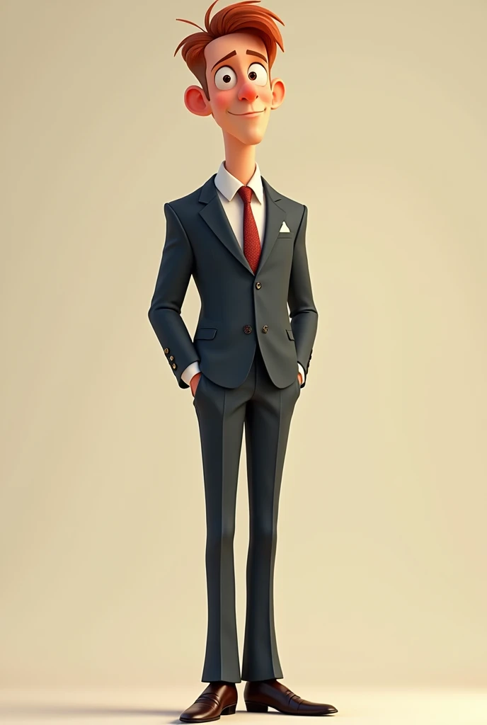 Generates Pixar style image, man, 2, redhead, short hair, in formal wear, with penis showing on his pants, thin, tall 