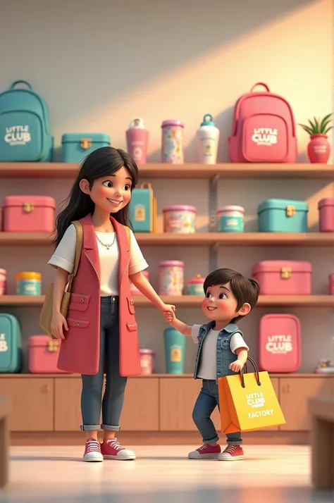 Can you generate a woman and a child with shopping bag branded as little club factory but the image has to be a human image and not an animation and the display shelf includes back to school items like backpacks lunchboxes bittles guft hampers etc