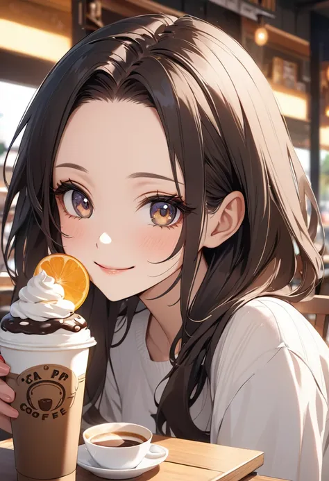 8K,high res,Skin details, Beautiful facial features, Exquisite makeup, smile,dark hair,forehead,drinking coofee at cafe --p