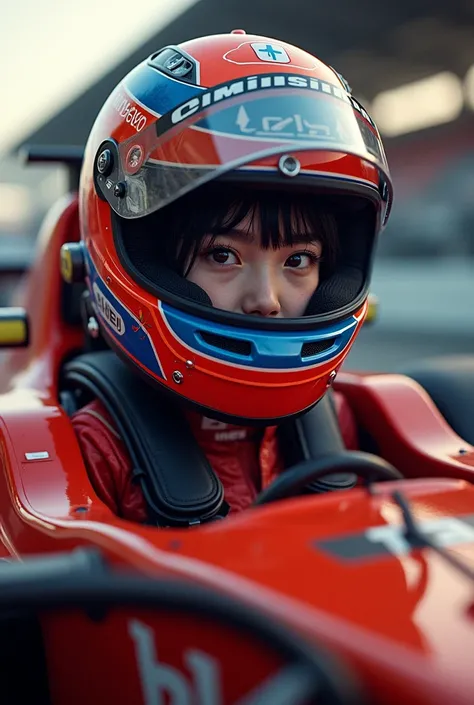 1girl is wearing F1 helmet, (((SHOEI helmet))), ((tears)), (circuit), sitting F1 cockpit, 1girl, cute girl, beautiful detailed  black hair, (((racing helmet))), (((fullface helmet:2.0))), ((covered mouth)), (((too small face area))), bikesuit, (simple desi...