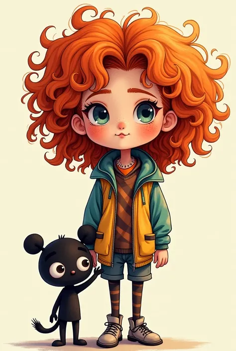 A drawing of a person with curly red hair and a small black guy. He&#39;s going to have freckles and 2000s clothes.