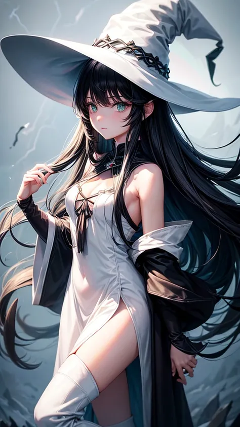  medium breast, long black hair. She has green slanted eyes. Straight hair to the shoulder wearing a large witch hat. Wearing white laytex witch outfit with boots, lighting storm background, 