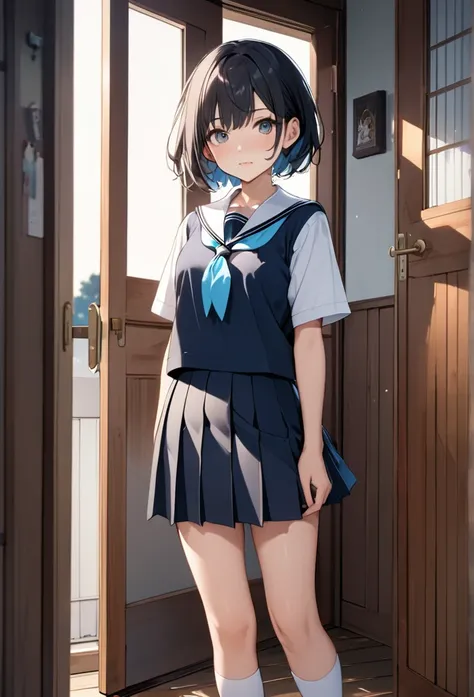 8k,High resolution,skin details, Beautiful facial features, school uniform, whole body,short hair --p 
Standing at the door of the spectators House
