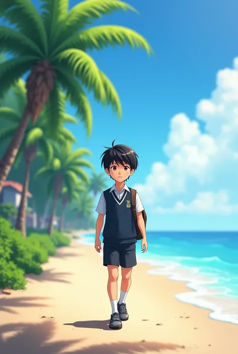 dressed in a stylish school uniform, 11 years, Sharp focus, detailed skin, stroll along the sea beach, On the left there are lush palm trees