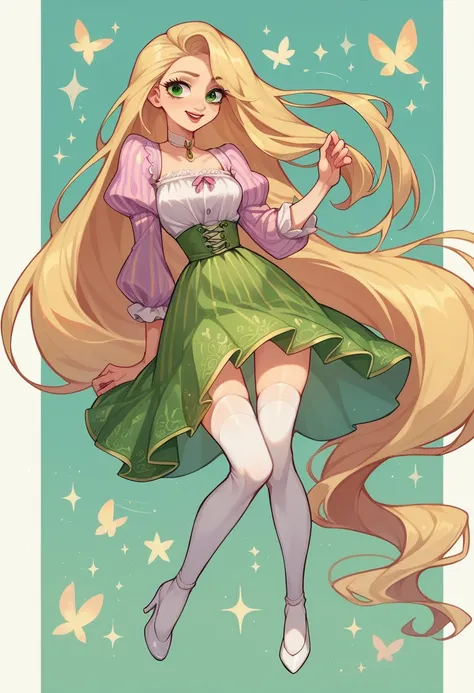 Rapunzel wearing a white tight caffarena and white thigh high socks. White heels. green pattern loose skirt. 