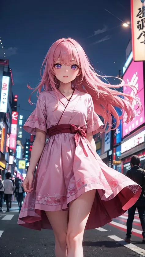 Tokyo, Kabukicho, long hair fluttering in the wind, pink hair, high definition, dress