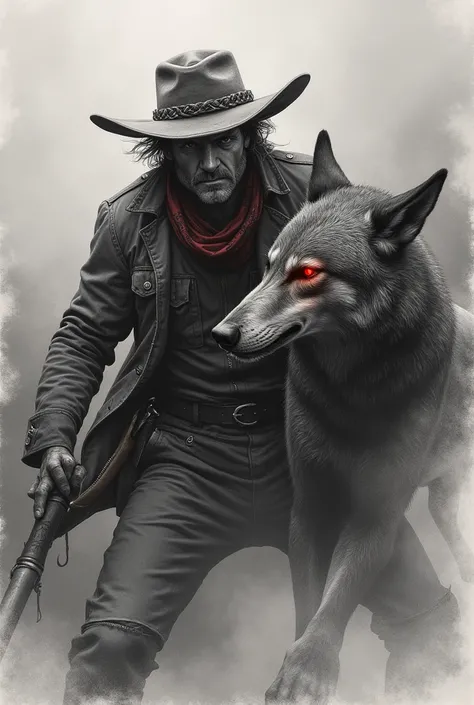 Create a cowboy with an angry straw hat with smoke in the background fighting a wolf with a red scarf with a red eye ( made in graphite )
