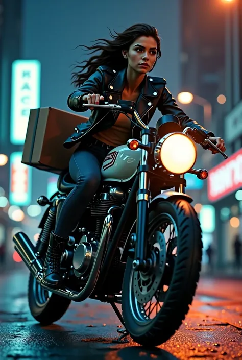 You can create an image with a girl on a motorcycle ital6ft125ts with a delivery night 
