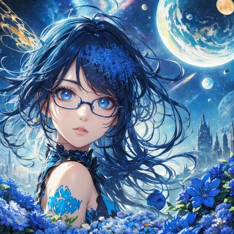 Beautiful woman with glasses living in an abstract psychedelic space world, Highly detailed, 1 woman, (Abstract Art: 1.5), (Psychedelic Theme: 1.6), (Ultramarine World: 1.5), (Many Creatures: 1.5), (Space World: 1.5), (At the center of the world is a beaut...