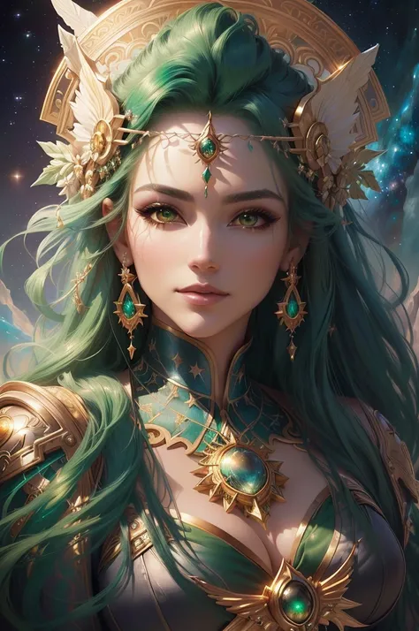 a woman with green hair and a tia on her head, portrait of a celestial of nature, artgerm detailed, extremely detailed artgerm, artgerm and wlop, beautiful and elegant celestial of nature, a stunning portrait of a celestial, gaston bussiere and artgerm, a ...