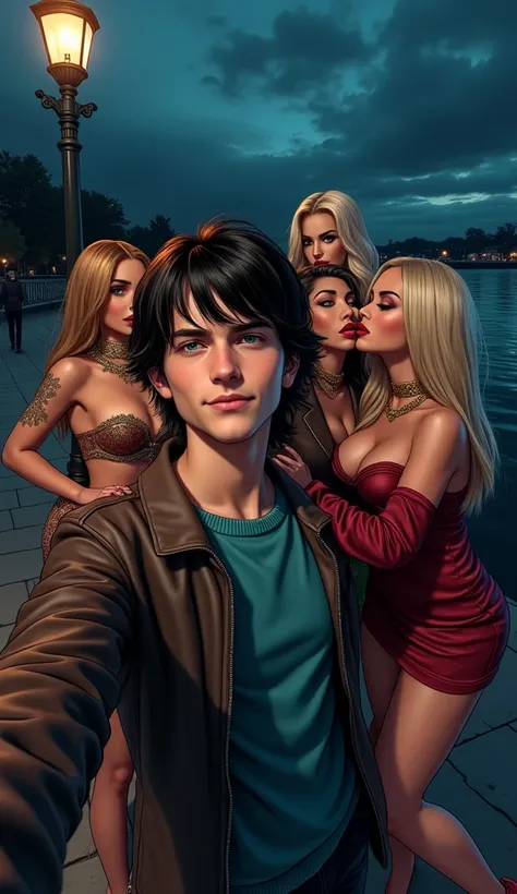 take a selfie at the lake, at night, 1 thin male, white American teen boy 20 years old with medium length black hair, wears a blue-green sweater and a dark brown leather jacket, shaved, smirk, in the background 7 women female, groupies, blondie hair and La...