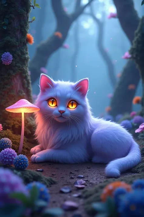 Imagine a whimsical cat lounging in a sun-dappled, enchanted forest. The cat has fur that shifts in iridescent shades of violet and silver, with a soft, flowing mane around its face resembling a lion’s. Its eyes are large, glowing amber orbs, almost like m...