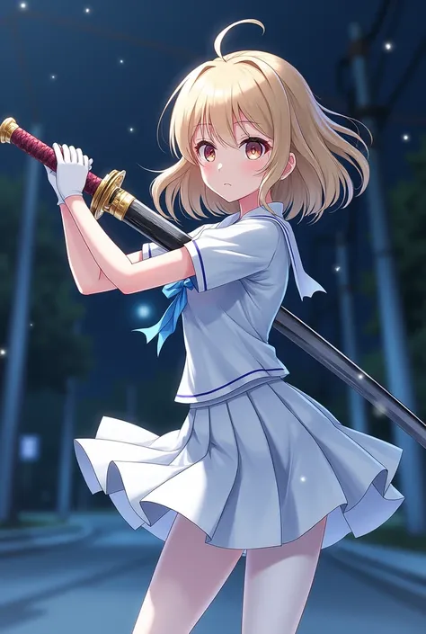 Night，Blonde anime girl，White short-sleeved school uniform，White pleated skirt，White gloves，white pantyhose，Holding a huge magic katana