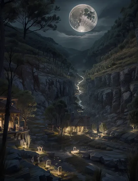 an ethereal, ultra high-quality scene inspired by poetic imagery: a serene night under a full moon, with soft moonlight cascadin...