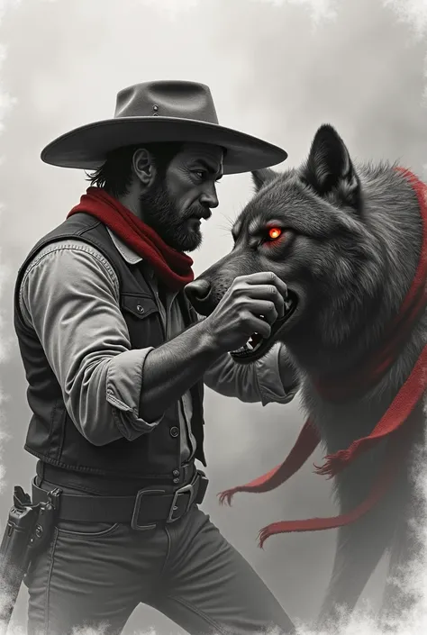 Create a cowboy with an angry straw hat with smoke in the background fighting a wolf with a red scarf with a red eye ( made in graphite )
