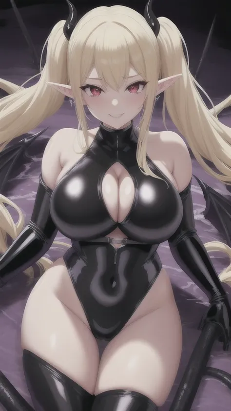  Erotic、Elf、Blonde short twin tails、Big Breasts, alone, White and black latex swimsuit　Hydra suit, Purple evil background,Red eyes、 Highest quality, Detailed face, Detailed eyes, High resolution,、Evil female executive、Wicked Smile、Cleavage、Sexy pose、Fallen...