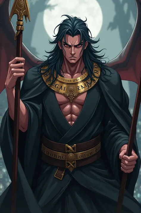 There is a gold ring around the neck with engraved runes.。He&#39;s a male demon.。Have heavy dark circles。Two hands holding a spear。 A very domineering person，Has six hands，Anime style，A naturally aggressive feeling。No horns on the head