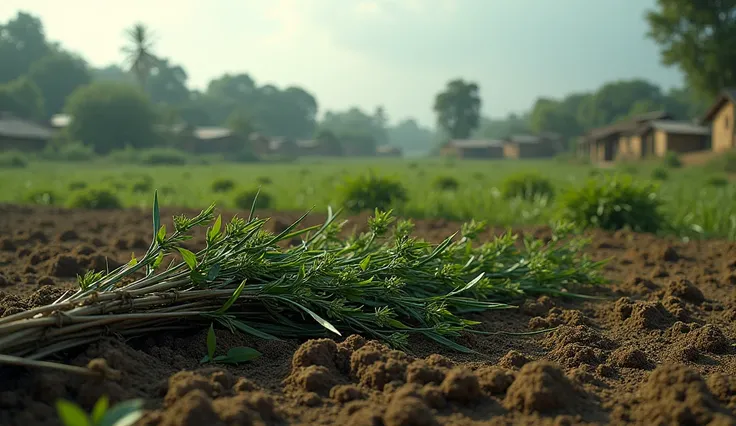 
"Pichhle khet mein toofan se tute hue paudhe dikhai de rahe hain. Peeche gaon ka mahol dikh raha hai - mitti ke ghar aur aas-paas ke khet."