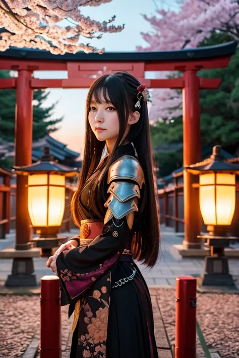 A mysterious beautiful girl with flowing long hair dressed in a mix of futuristic armor and traditional samurai attire stands atop a torii gate at dusk. Below her, a mystical Japanese village surrounded by cherry blossom trees glows with lantern light. Flo...