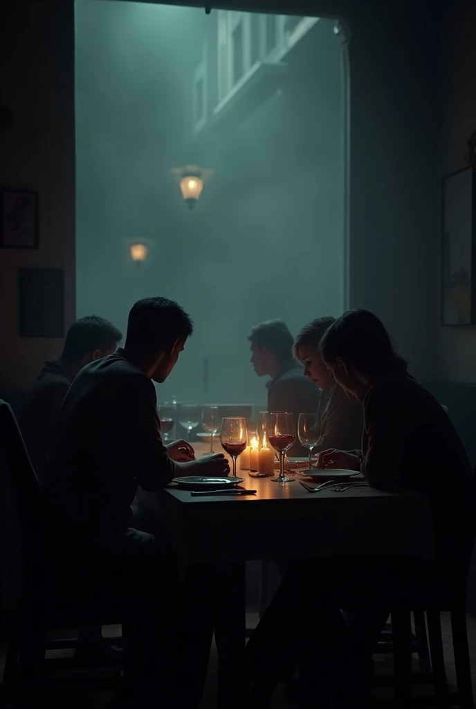 a darker environment, customers at the table,