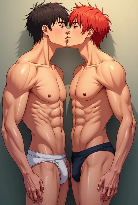 Generate anime style image two men only in underwear kissing with their pubic hair exposed and their penis erect one redhead one Latino 