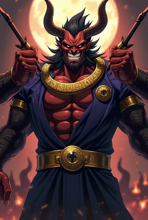 There is a gold ring around the neck with engraved runes.。He&#39;s a male demon.。Have heavy dark circles。 A very domineering person，Has six hands，Two hands holding a spear anime style，A naturally aggressive feeling。No horns on the head。No wings。From Demon ...