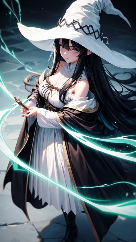  medium breast, long black hair. She has green slanted eyes. Straight hair to the shoulder wearing a large witch hat. Wearing white laytex witch outfit with boots, lighting storm background, back turned to the camera, top view 