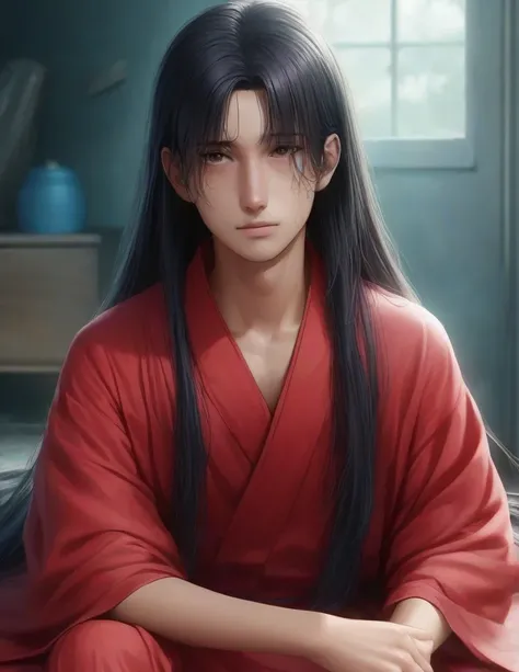 1 boy Looking at the viewer, High resolution, black hair, bangs over eyes, Very long hair, Realistic anatomy, in an open red kimono , beautiful facial features 