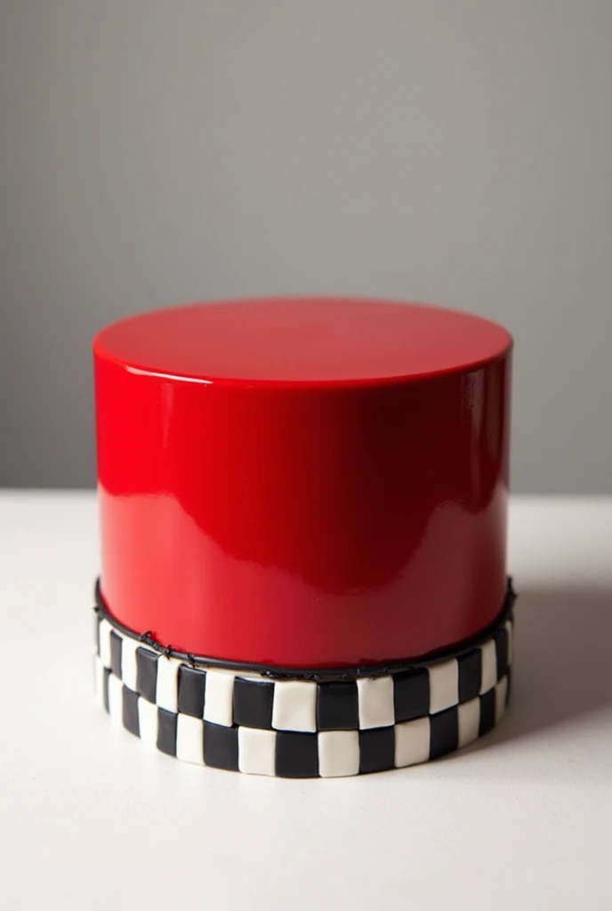 Can you create a red one tier short and wide cake with a checkered  black and white line in the base of the cake. 