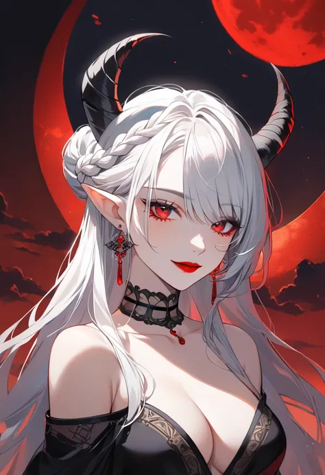 1girl, solo, long hair, breasts, looking at viewer, smile, red eyes, cleavage, bare shoulders, jewelry, closed mouth, collarbone, upper body, black streak, braid, white hair, hair bun, earrings, horns, choker, pointy ears, off the shoulder, makeup, white s...