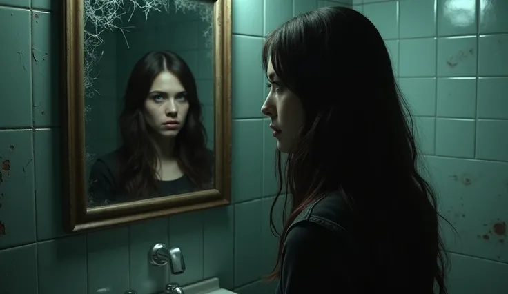 A woman in her early 30s with long, dark brown hair, pale skin, and blue eyes, standing in front of a cracked mirror in a dimly lit bathroom. Her expression is distant, as if lost in thought. The room is small and grimy, adding to the atmosphere of isolati...