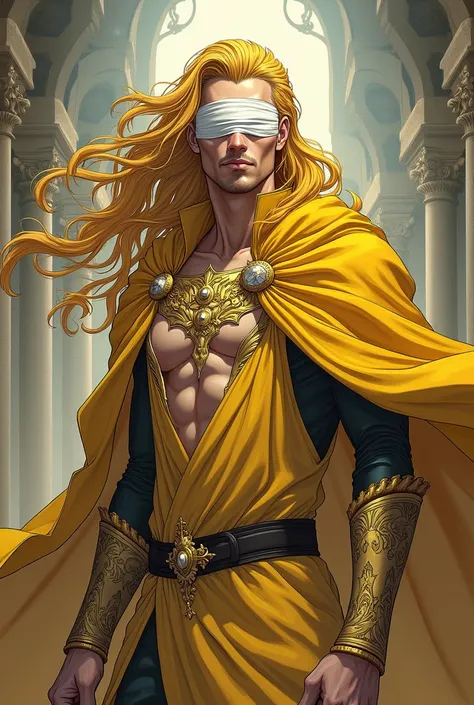 Make a murim manhwa character, with long yellow hair , has a white blindfold covering his eyes, he has a devastating look , he is wearing a yellow cloak with gold and white details, He is an immortal and handsome being with the appearance of a 20 year old ...